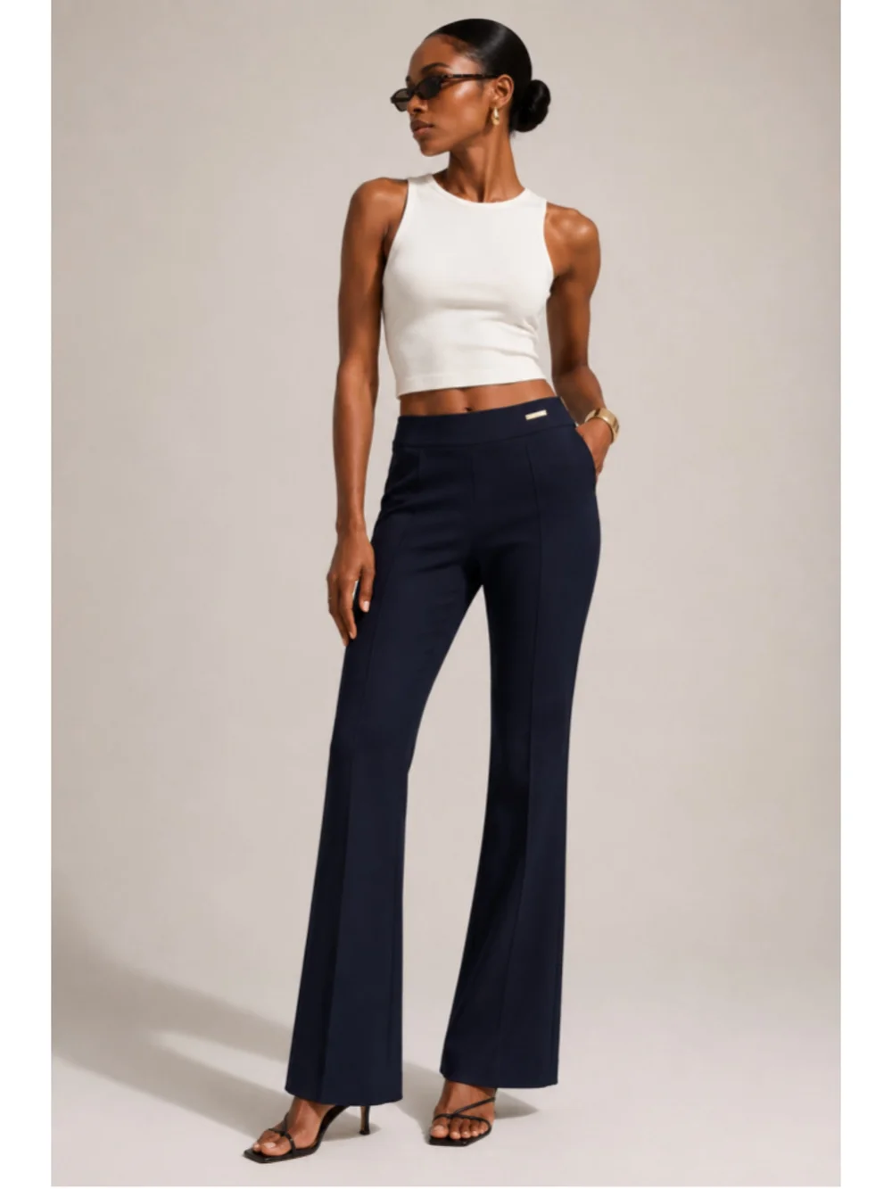 Tory Burch Navy Wool Blend Flare Knit Pants Gold Logo Side Zip Size 4